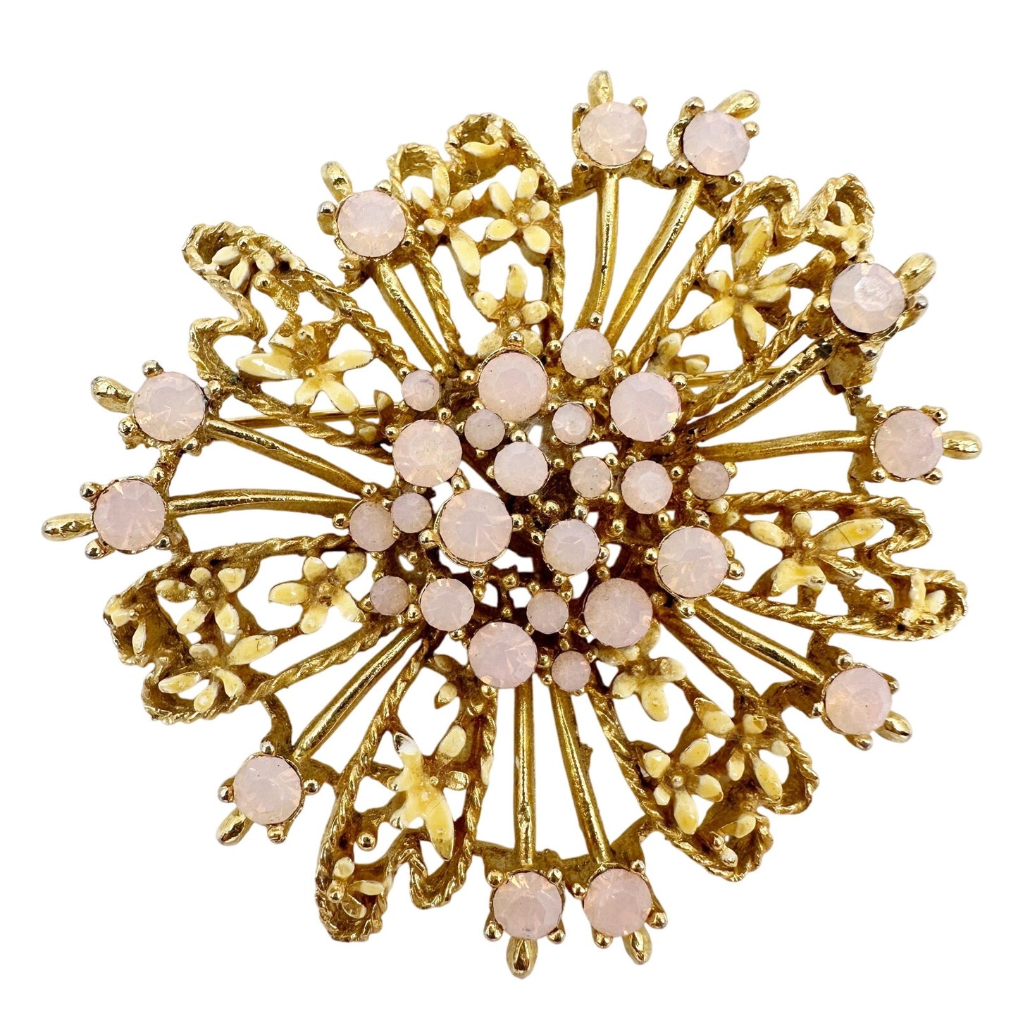 vintage gold yellow enamel flowers pink stones BROOCH floral jewelry pin