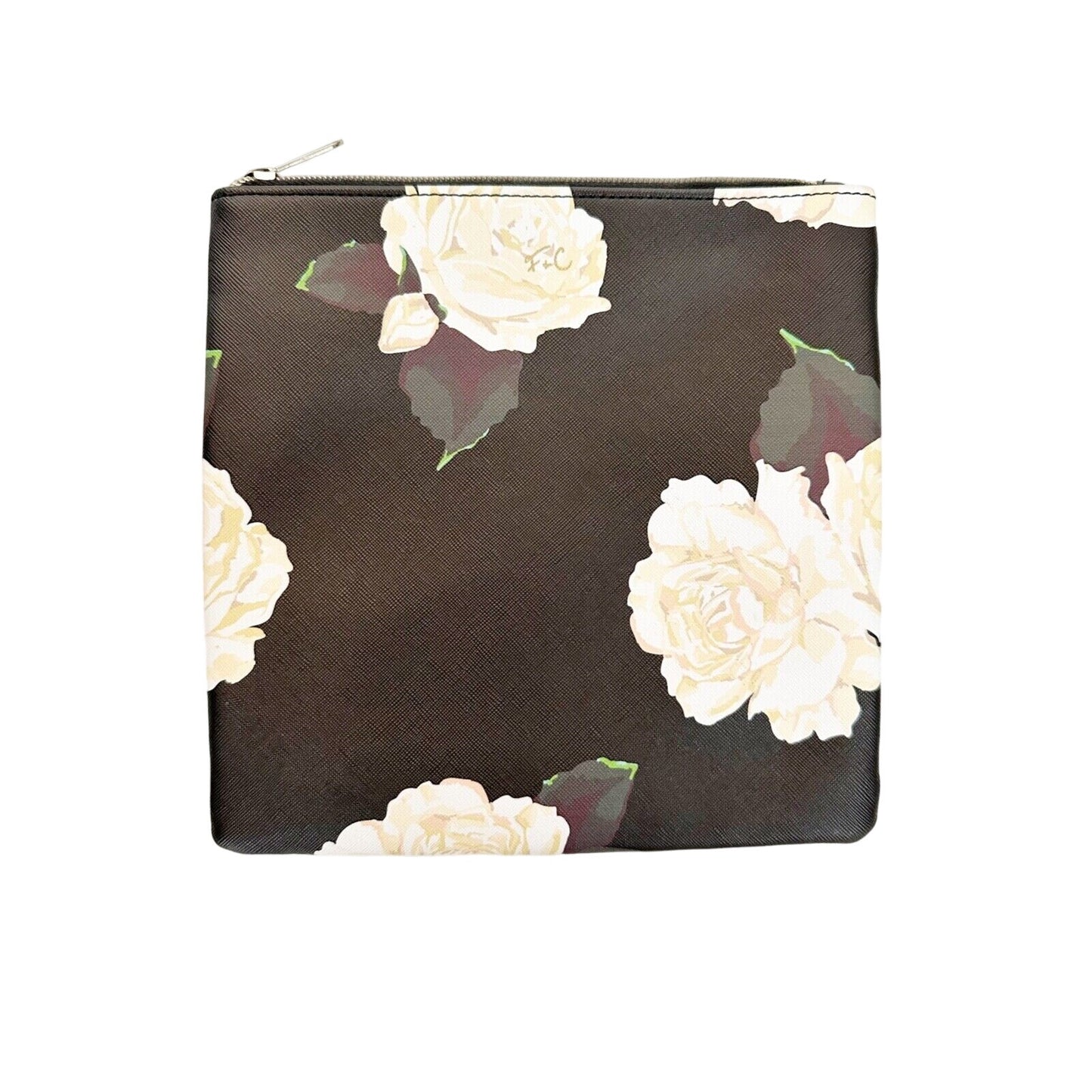 black with white roses PVC zipper POUCH multi use bag 8.5" x 8.5" marked F + C