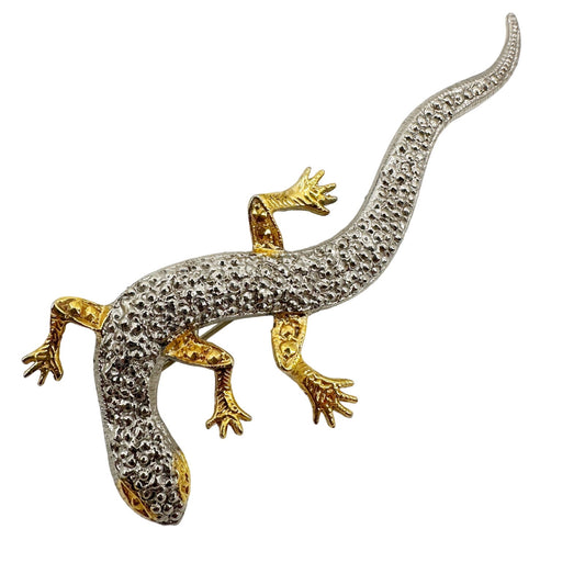 vintage gold & silver gecko lizard BROOCH reptile jewelry pin