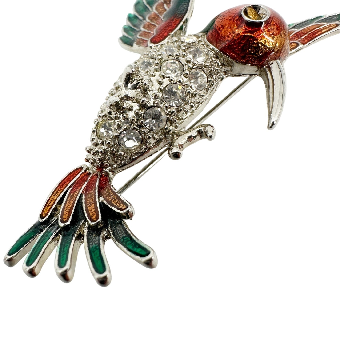 vintage red green orange Hummingbird BROOCH flying bird rhinestones jewelry pin