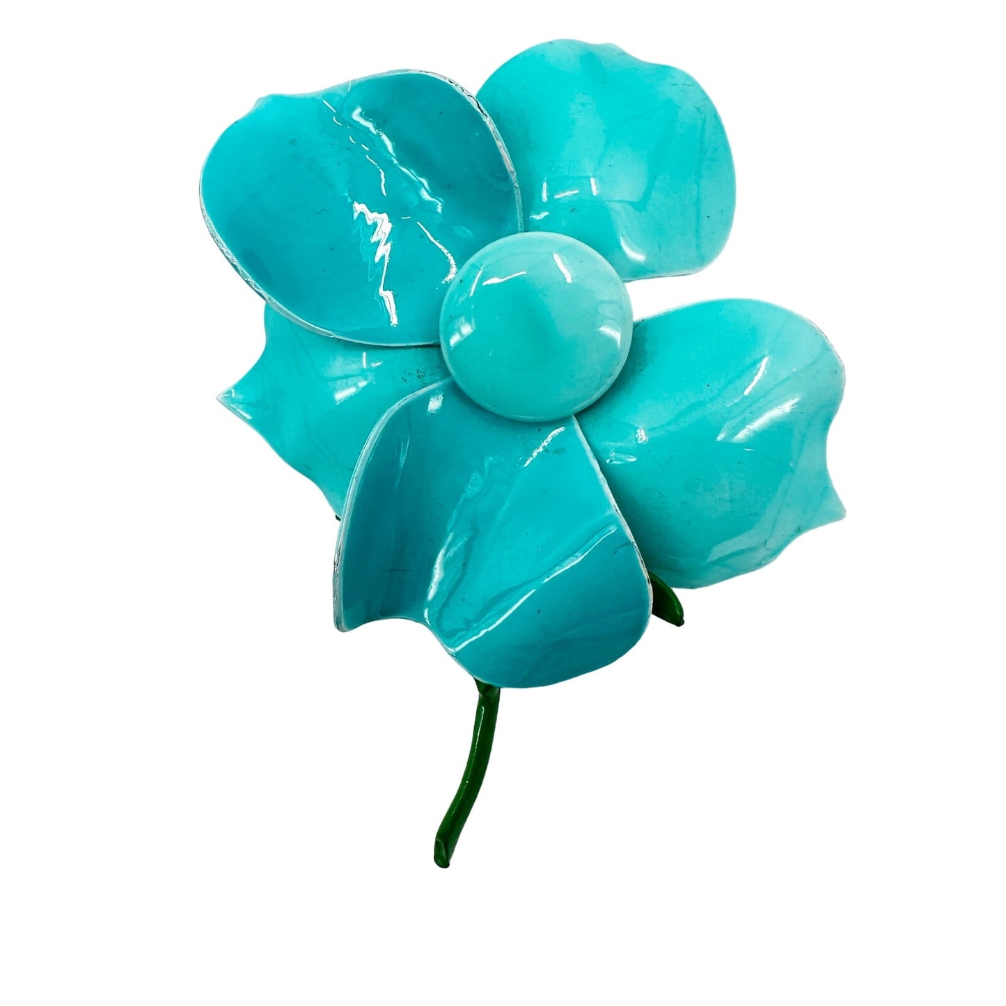 vintage enamel large turquoise metal flower BROOCH floral jewelry pin