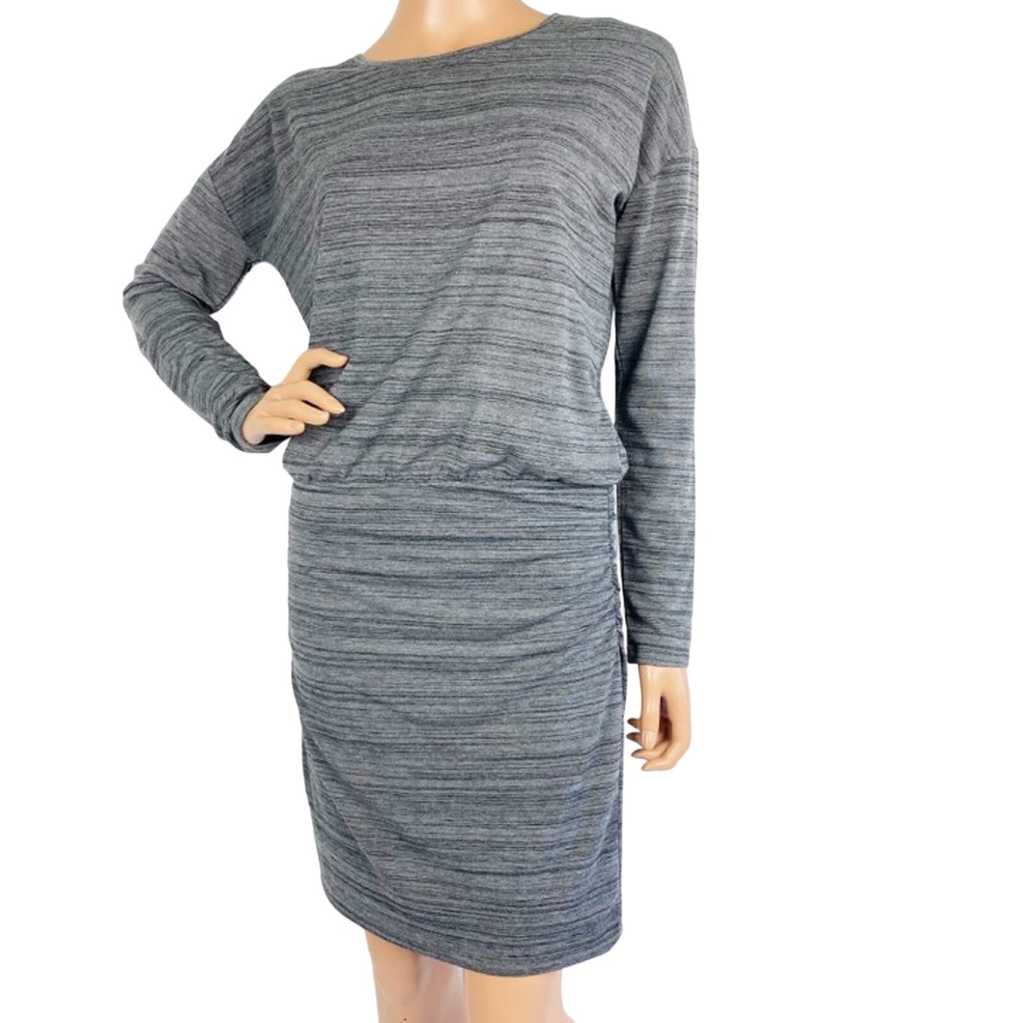 women's ATHLETA gray striped knit DRESS long sleeves ruched skirt XS extra small