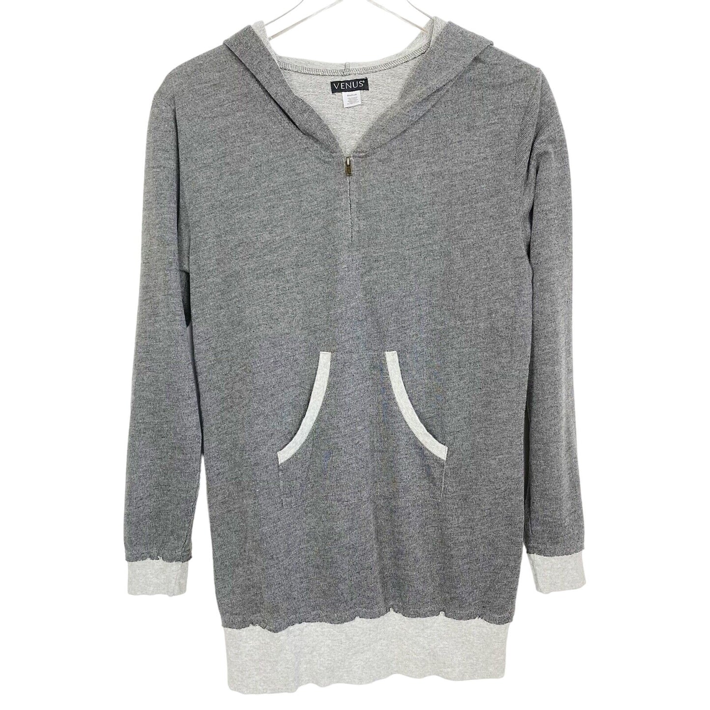 Venus two-tone gray knit hoodie TOP women's M medium quarter zip tunic length