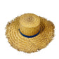 vintage woven Straw Hat vinyl blue hatband wide brim boater hat chin strap