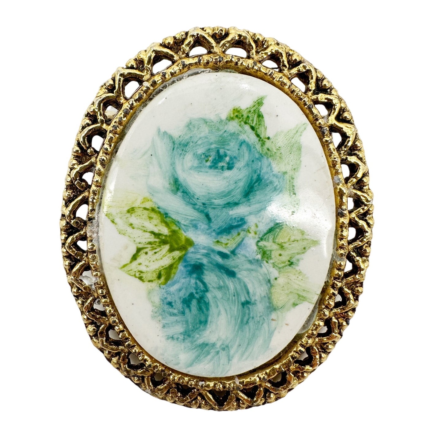 vintage blue roses BROOCH signed floral jewelry pin & pendant white green gold