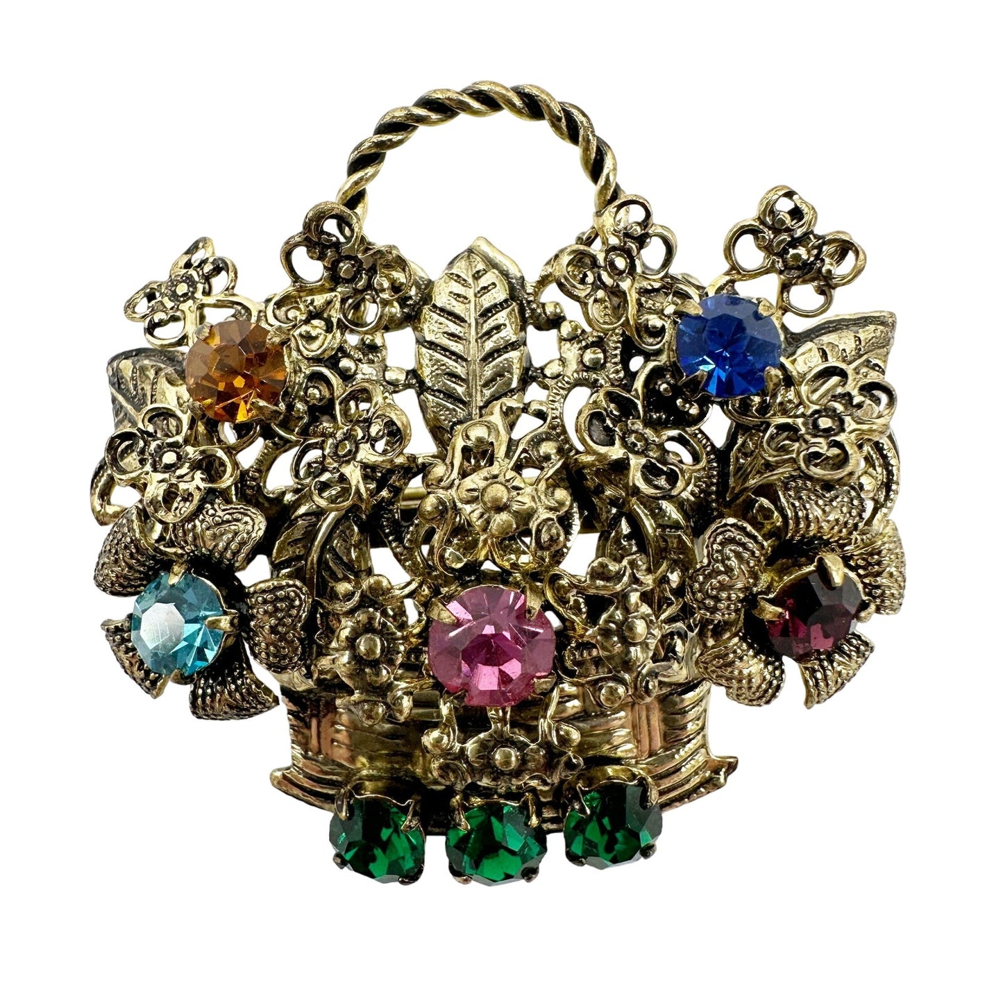 vintage basket of flowers BROOCH gold tone metal jewelry pin faux gemstones