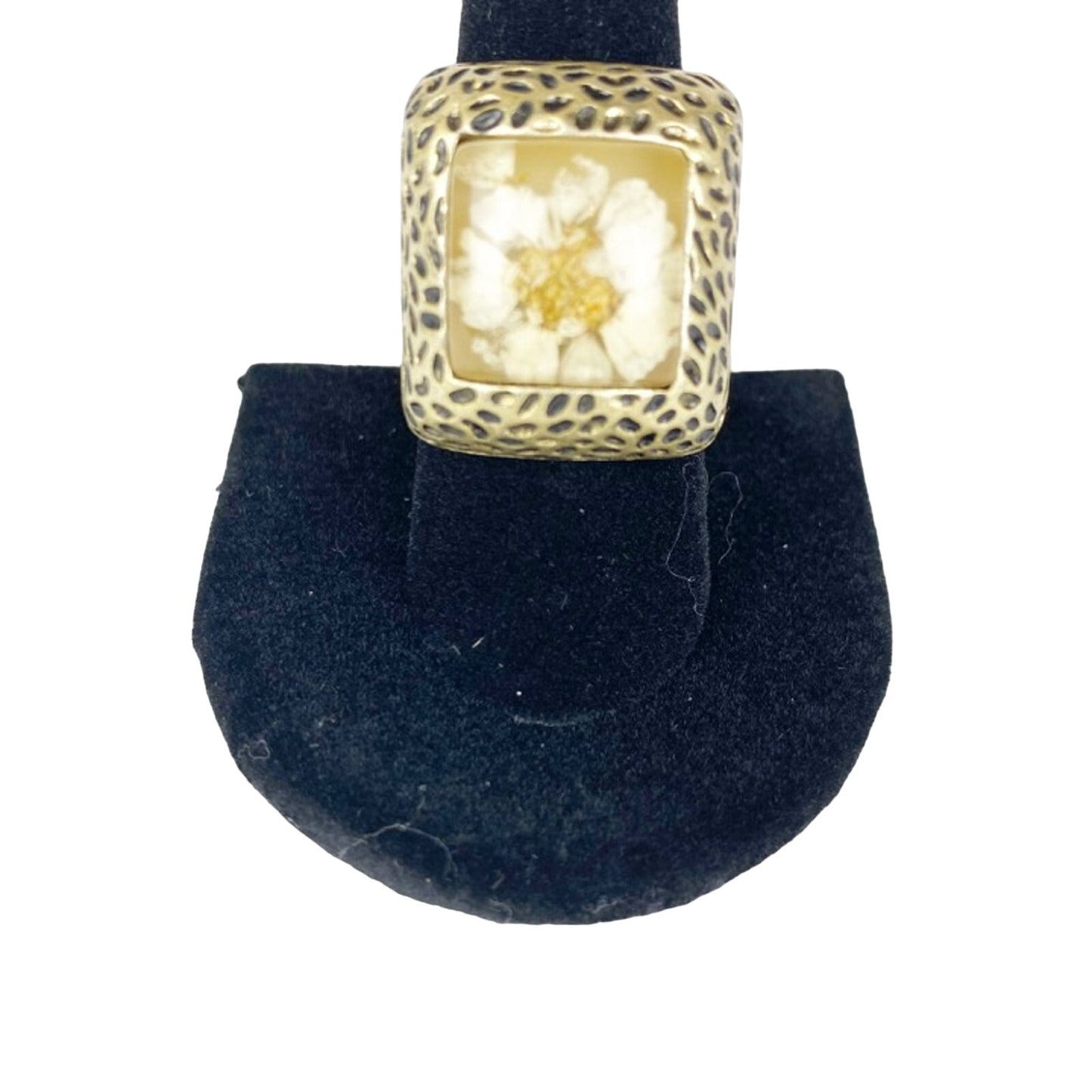 vintage square FLOWER encased in resin RING pitted gold tone metal adjustable