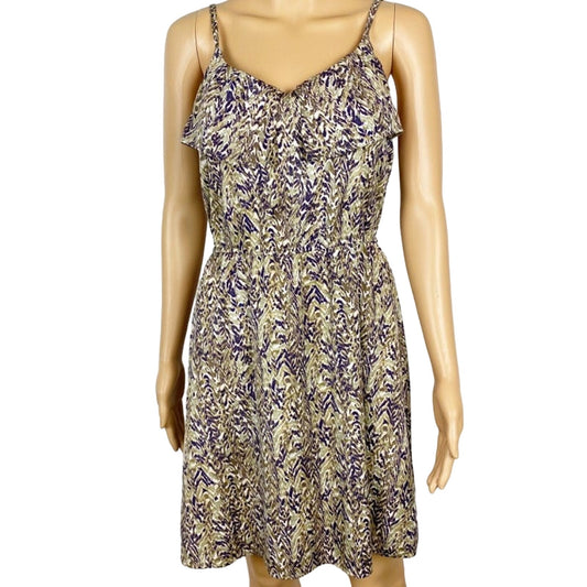 H&M tan & navy print short DRESS size 4 small summer casual adjustable straps