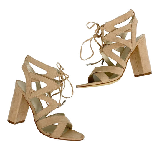 David's Bridal nude Faux Suede Lace-Up Sandals APARIS1 shoes block heels size 9