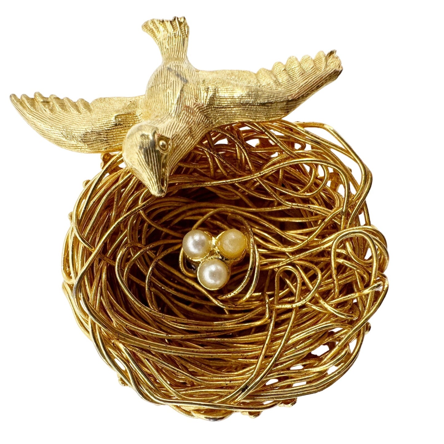 vintage Jeanne faux gold & pearl Bird's Nest metal BROOCH jewelry pin