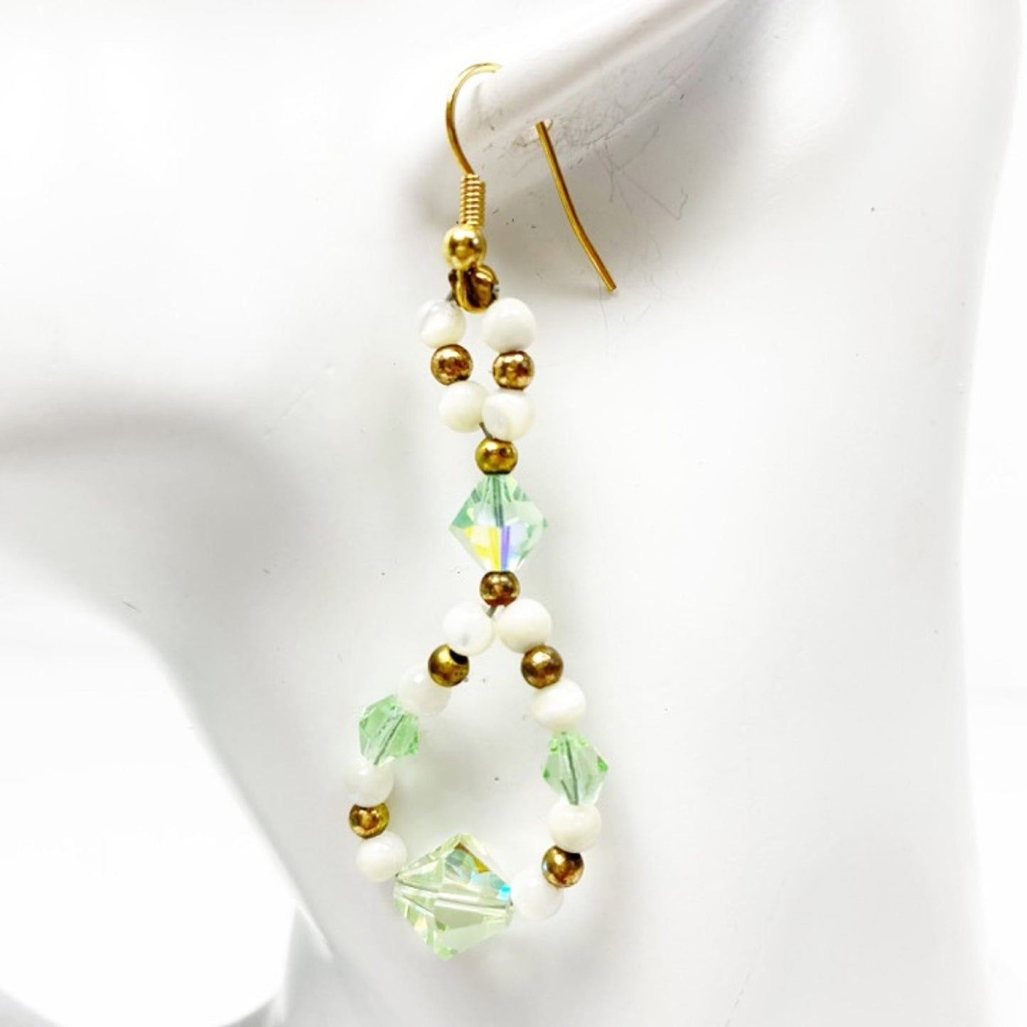 handmade green white crystal gold beaded loop EARRINGS jewelry NEW vintage beads