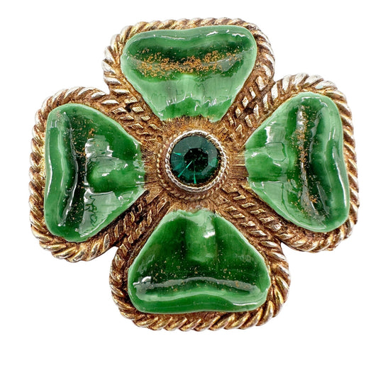 vintage four leaf clover BROOCH green enamel & gold jewelry pin