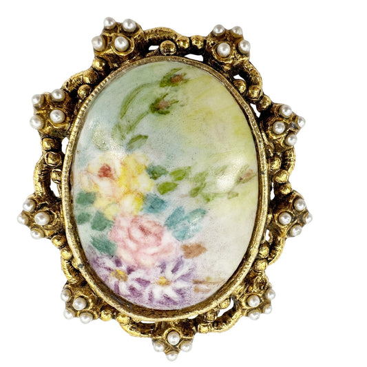 vintage gold painted flower cameo faux pearls BROOCH pendant floral jewelry pin