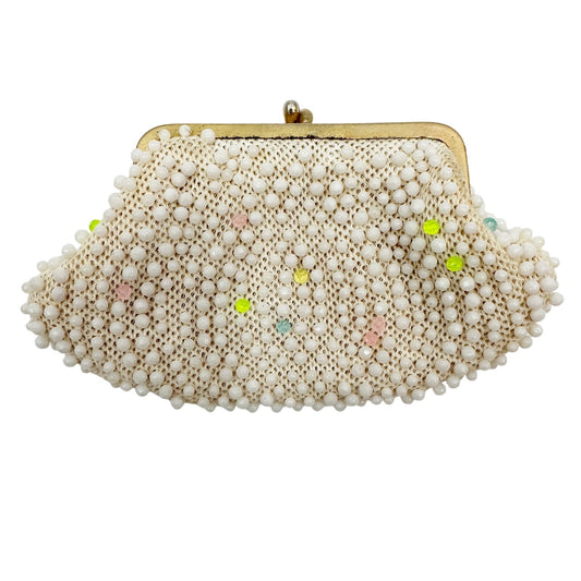 vintage Mademoiselle white beaded Coin Purse change wallet handmade Hong Kong