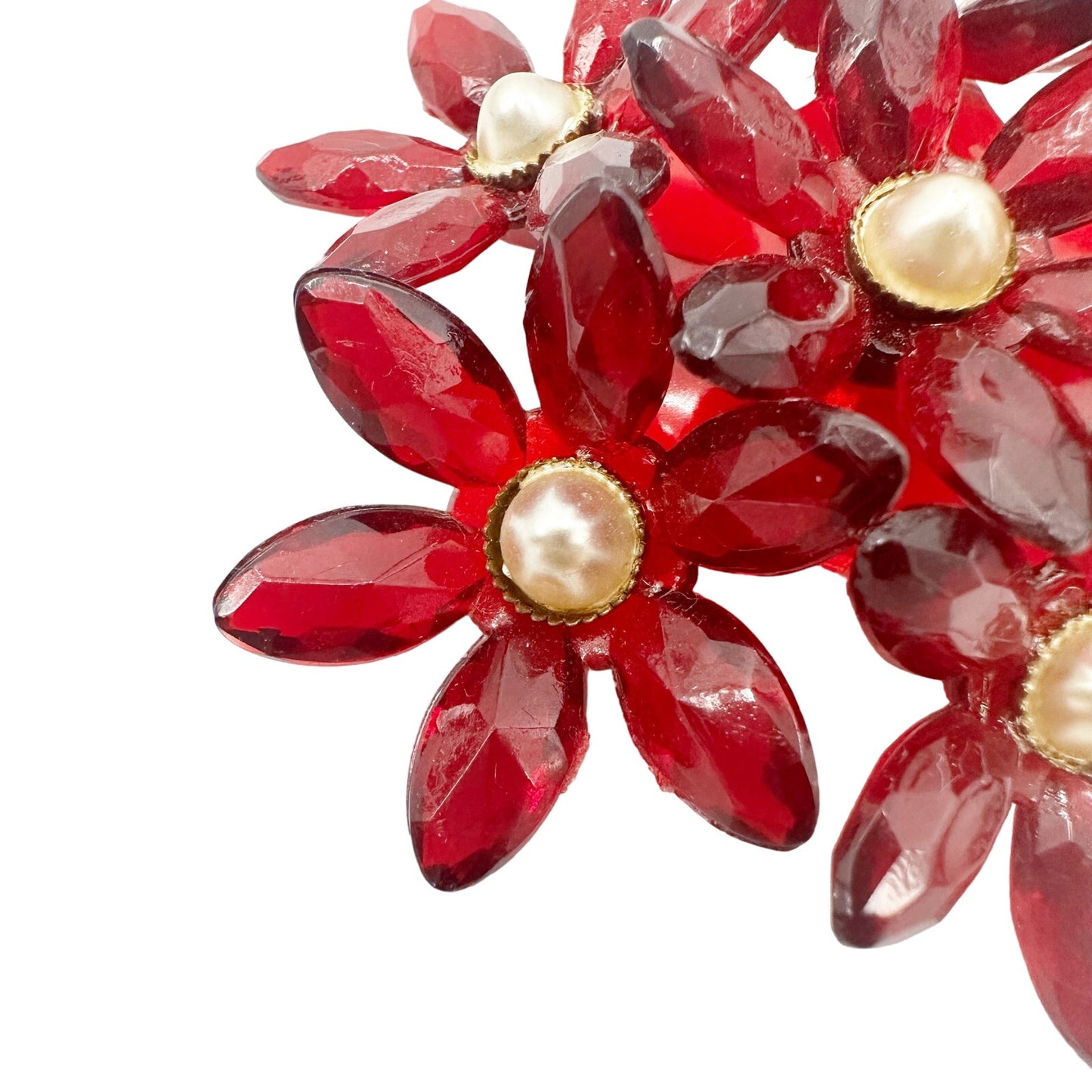 vintage translucent red flowers BROOCH faux pearl centers floral jewelry pin