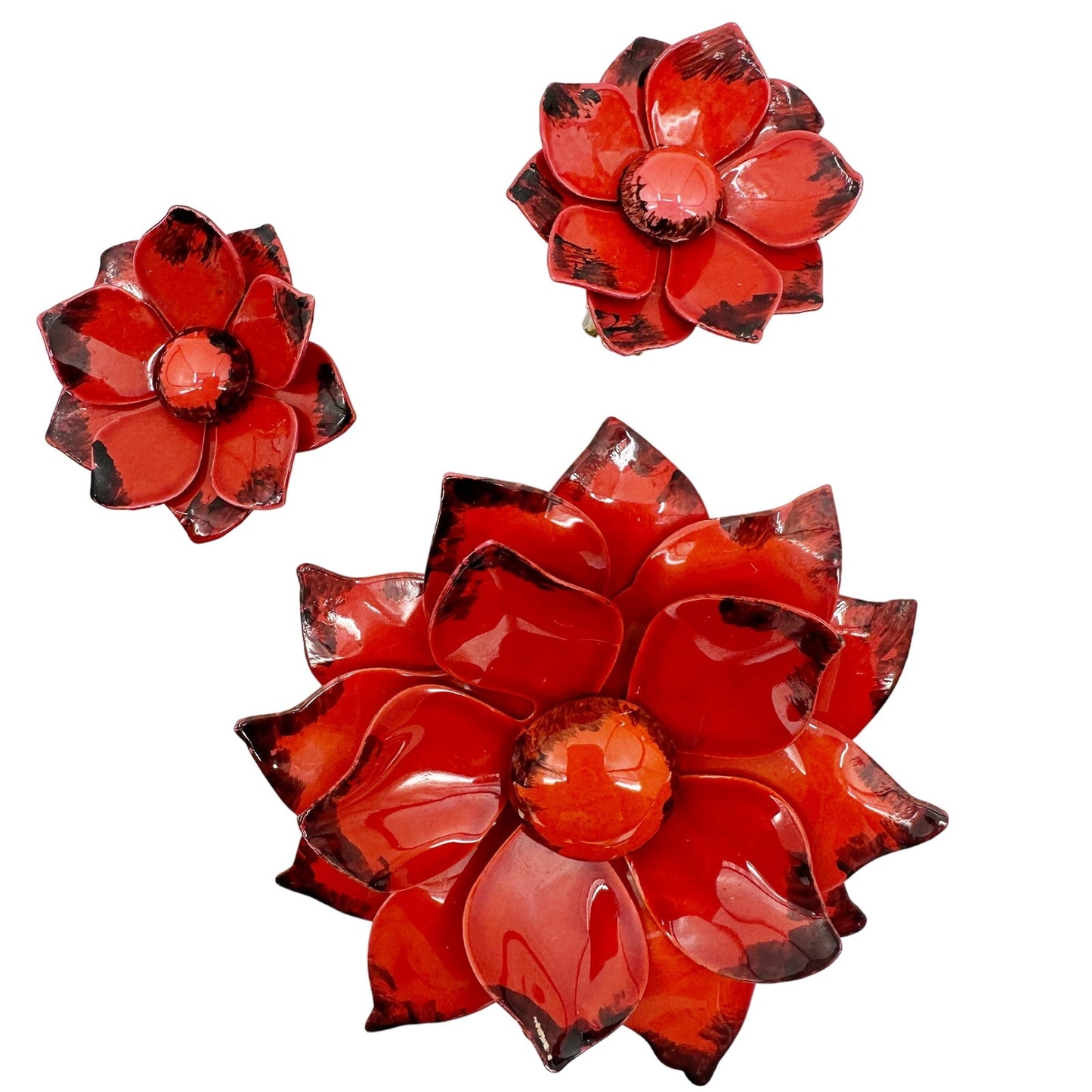 vintage enamel orange red metal flower BROOCH and clip EARRINGS set