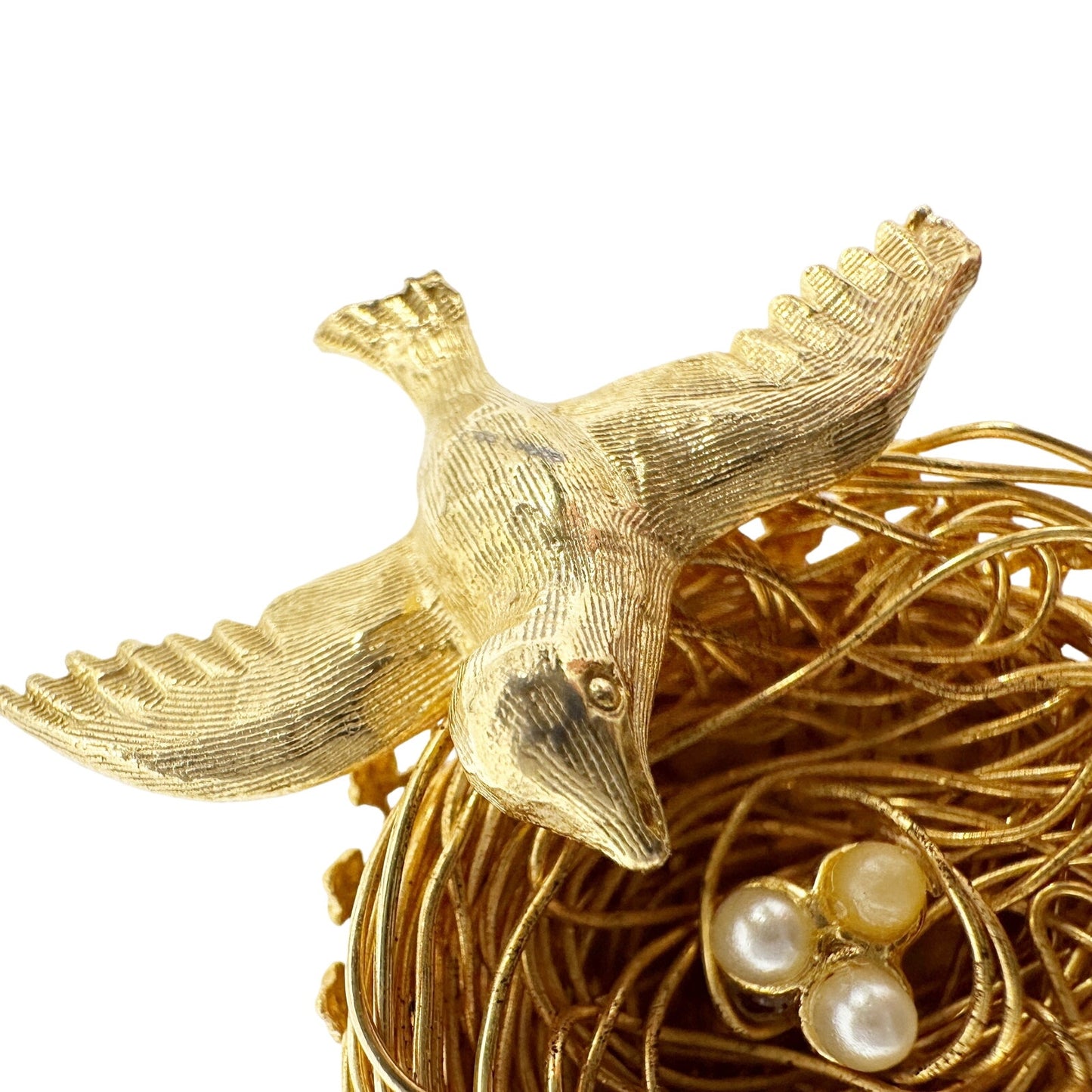 vintage Jeanne faux gold & pearl Bird's Nest metal BROOCH jewelry pin