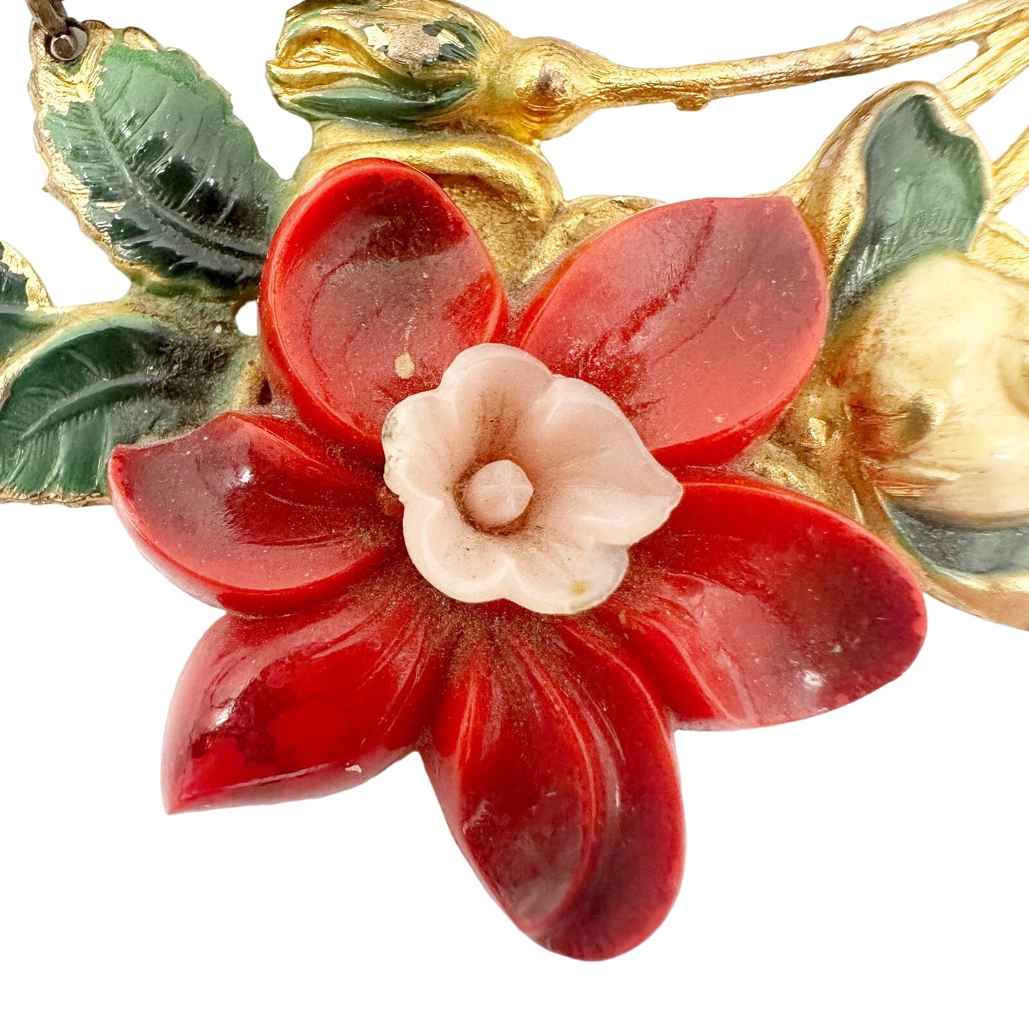 vintage hanging red flower & gold tone metal BROOCH floral jewelry pin