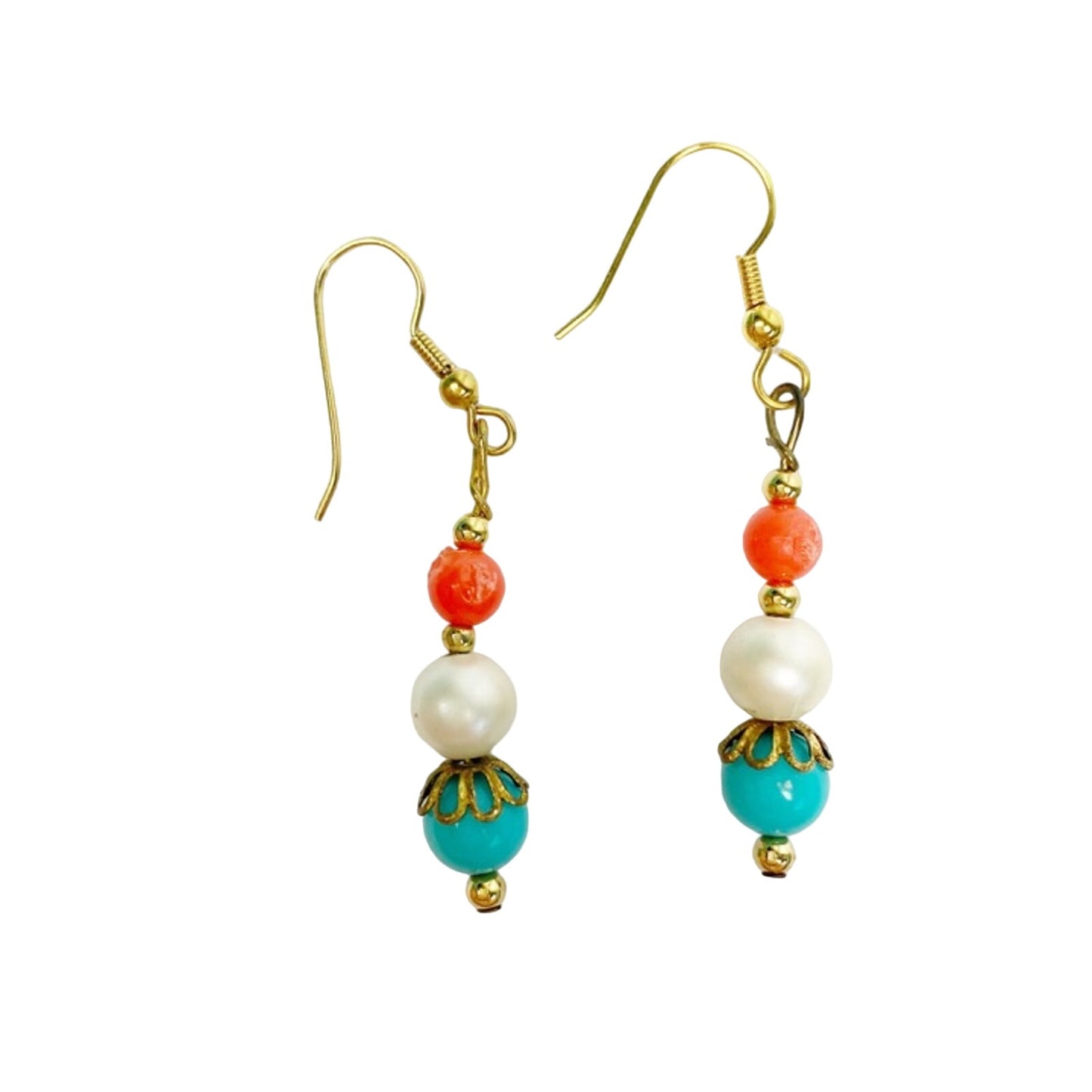 handmade orange white blue beaded EARRINGS jewelry NEW vintage beads