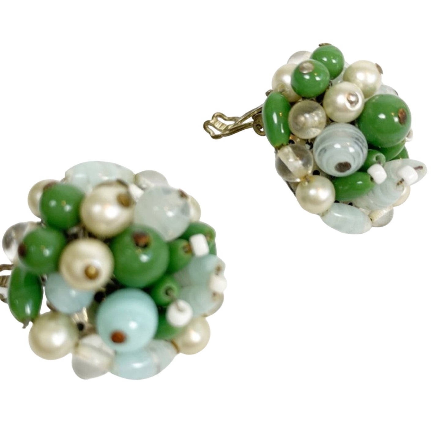 vintage blue green white bead clip-on EARRINGS costume jewelry Made in Japan