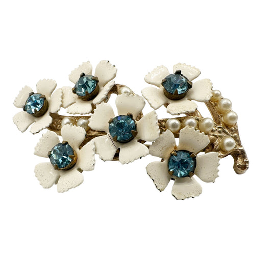 vintage enamel white metal flower BROOCH floral blue rhinestones jewelry pin