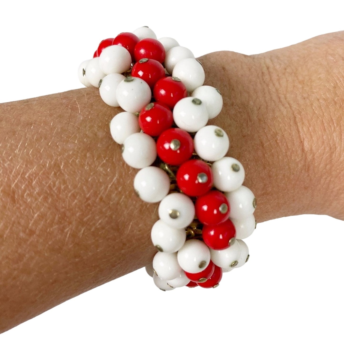 beaded red & white stretch BRACELET vintage costume jewelry Made in Japan