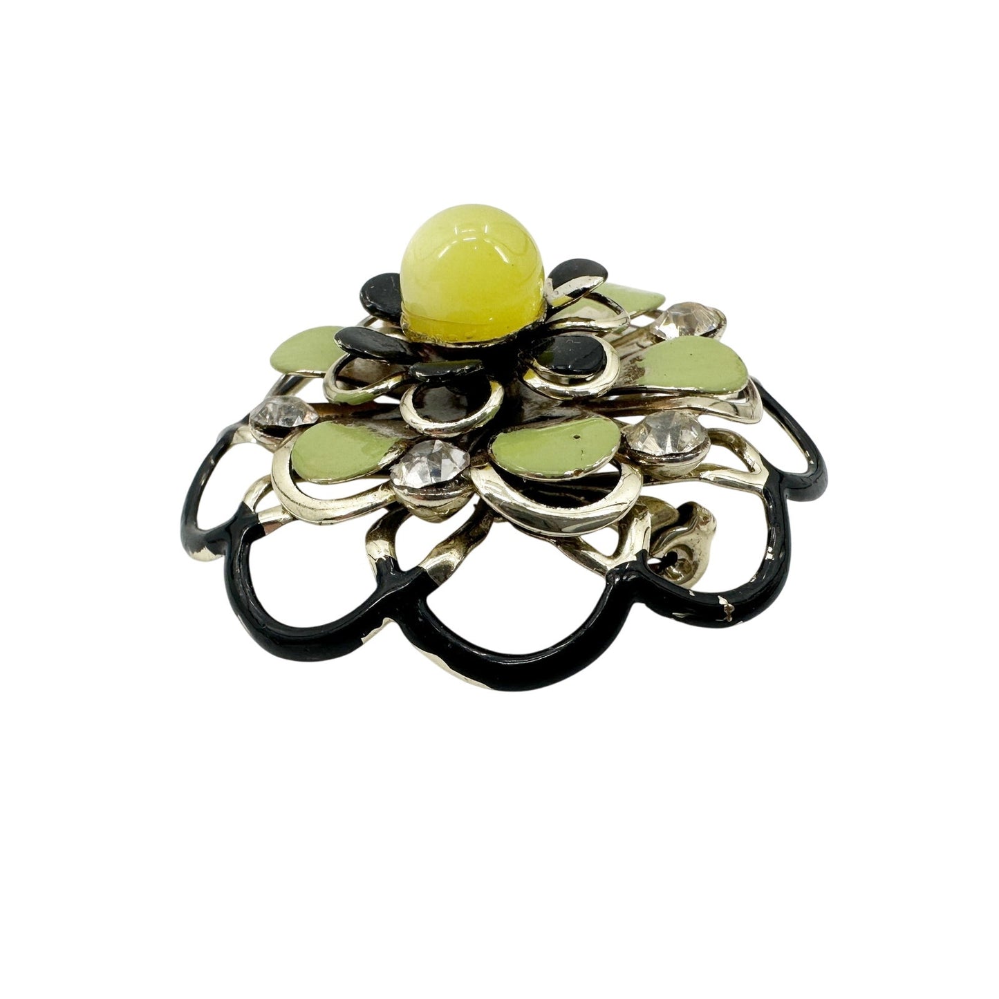 vintage green & black rhinestones round BROOCH jewelry pin