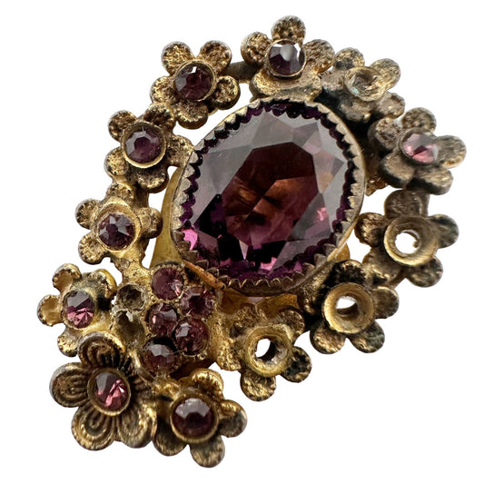 vintage 1930s Coro "R" marked Dress Clip amethyst rhinestones gold tone filigree