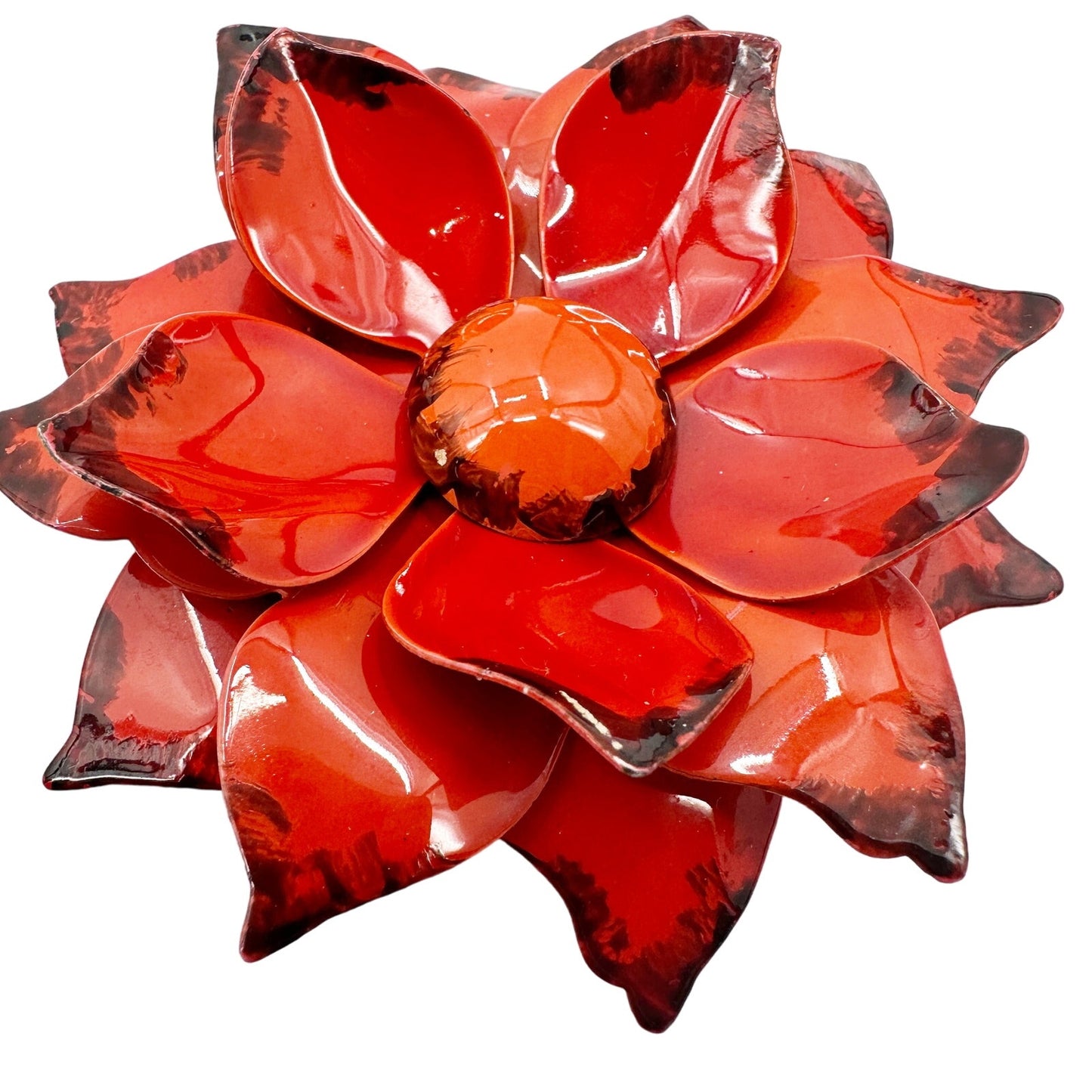 vintage enamel orange red metal flower BROOCH and clip EARRINGS set