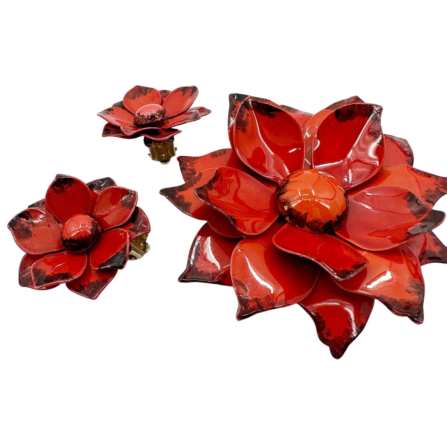 vintage enamel orange red metal flower BROOCH and clip EARRINGS set