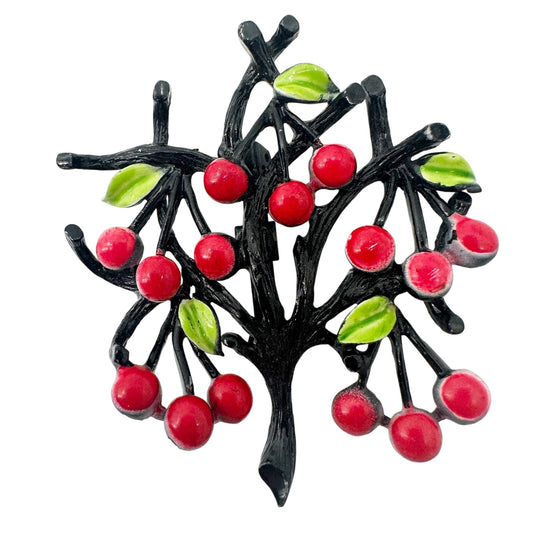 vintage black red green cherry tree BROOCH fruit jewelry pin