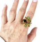 vintage floral gold tone metal RING red & green rhinestones adjustable band