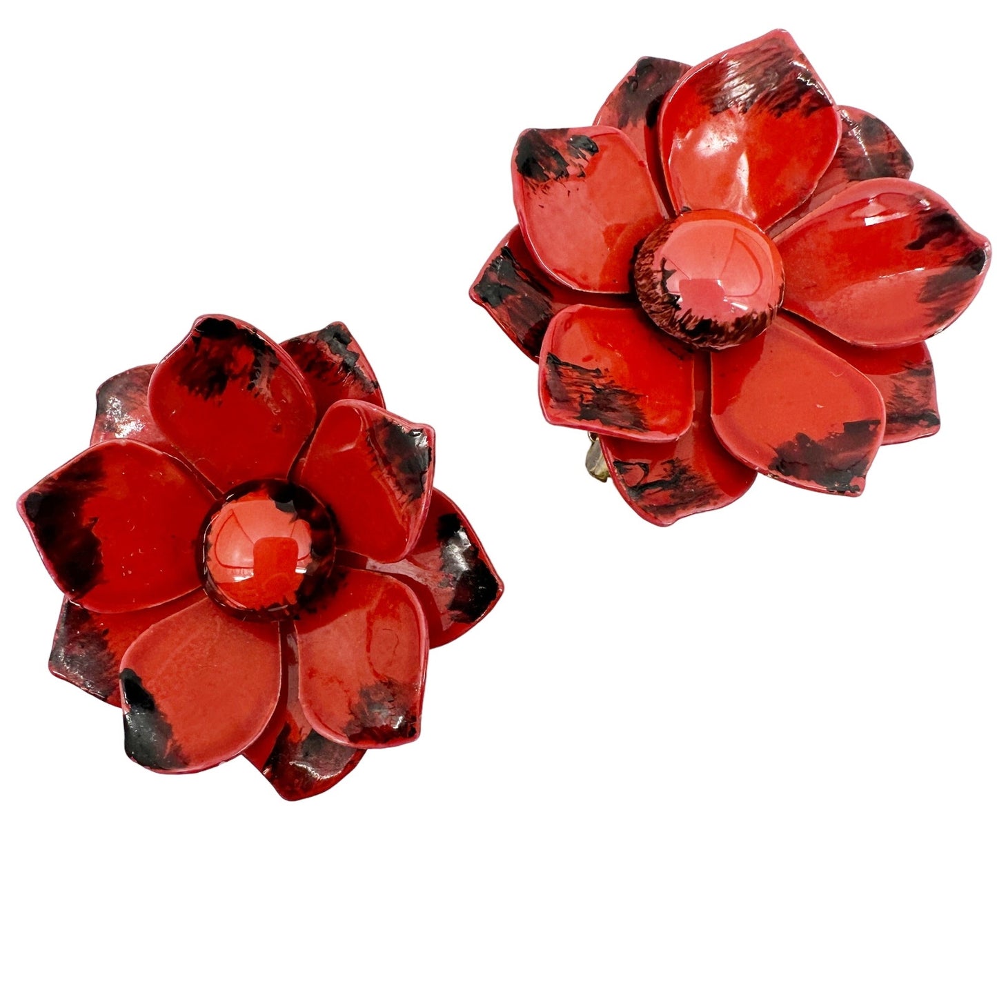 vintage enamel orange red metal flower BROOCH and clip EARRINGS set