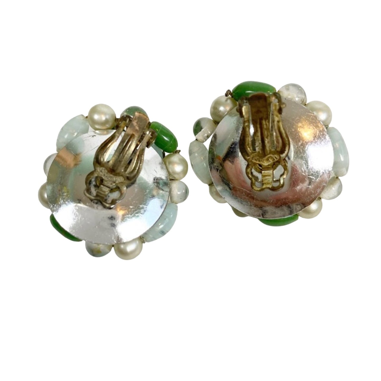 vintage blue green white bead clip-on EARRINGS costume jewelry Made in Japan