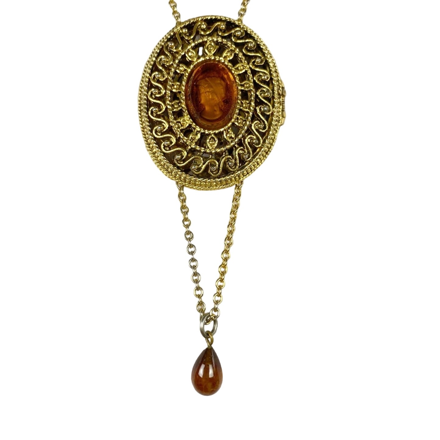 vintage 21" gold locket pendant NECKLACE amber cameo all seeing eye jewelry