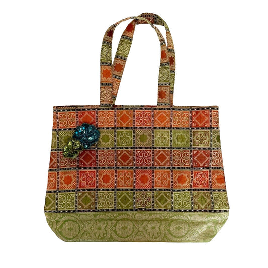 World Market orange & green Tote Bag handbag purse metallic sheen sequin floral