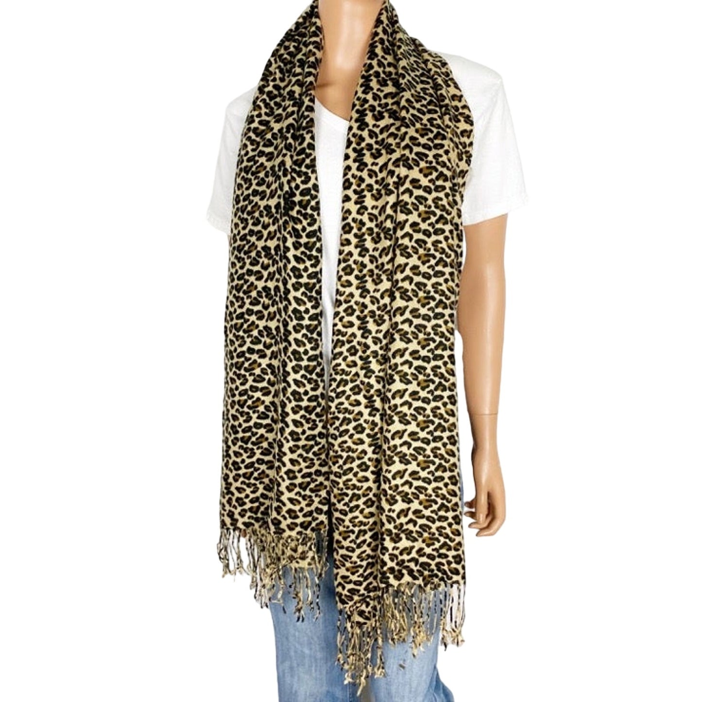 100% Pashmina brown leopard fringed Scarf neck & shoulder wrap long 75" length