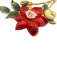 vintage hanging red flower & gold tone metal BROOCH floral jewelry pin