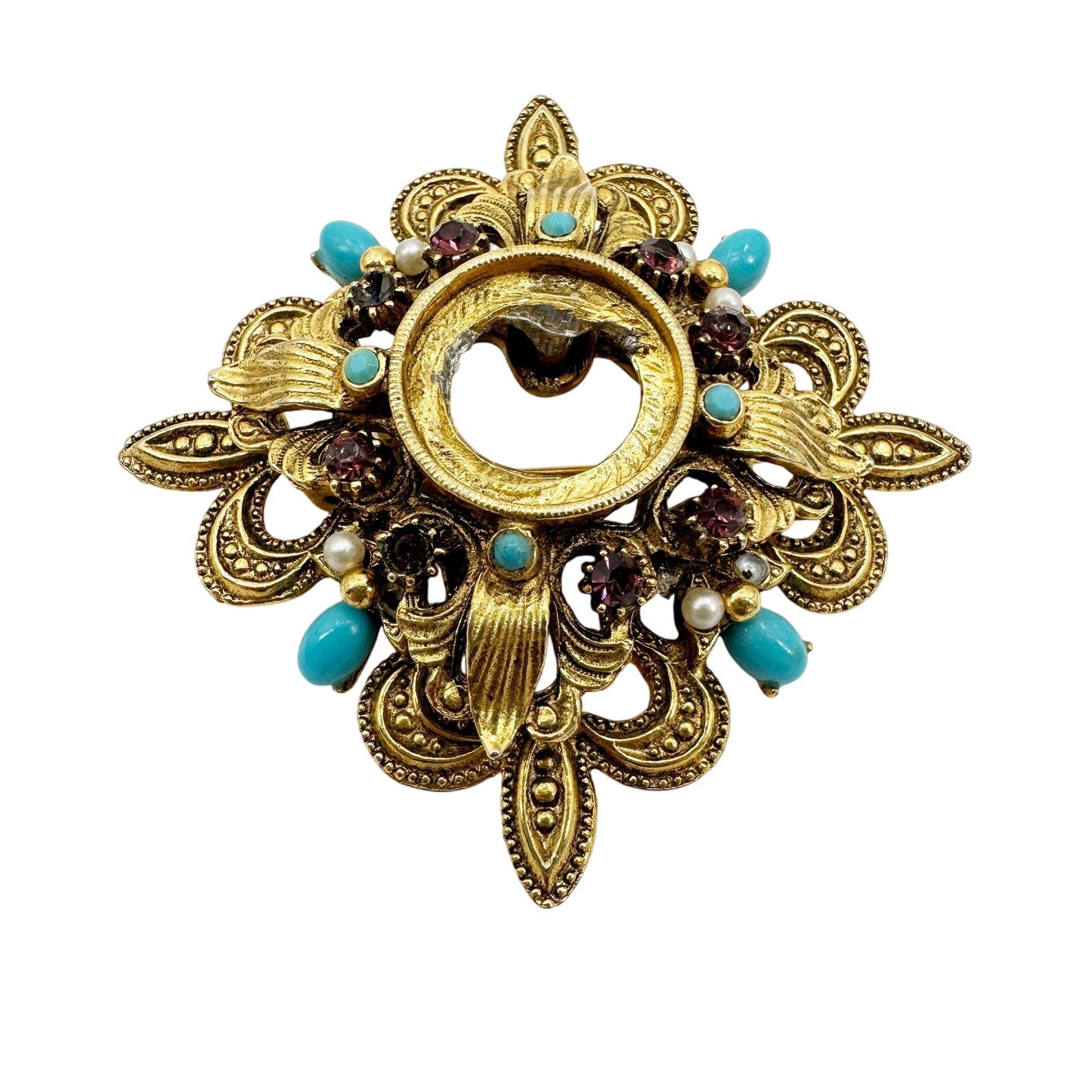 vintage gold turquoise pearls amethyst rhinestones BROOCH jewelry pin