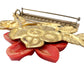 vintage hanging red flower & gold tone metal BROOCH floral jewelry pin