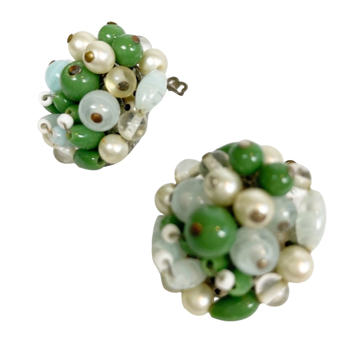 vintage blue green white bead clip-on EARRINGS costume jewelry Made in Japan