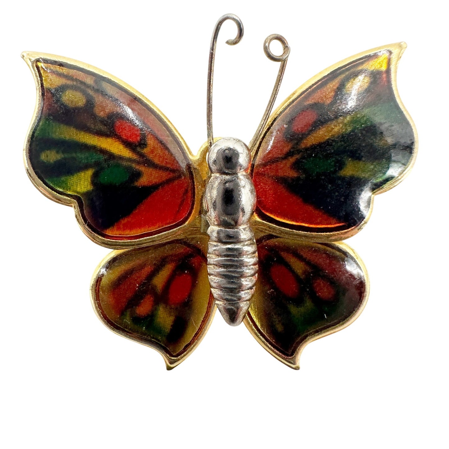 vintage gold tone metal acrylic orange yellow green butterfly BROOCH jewelry pin