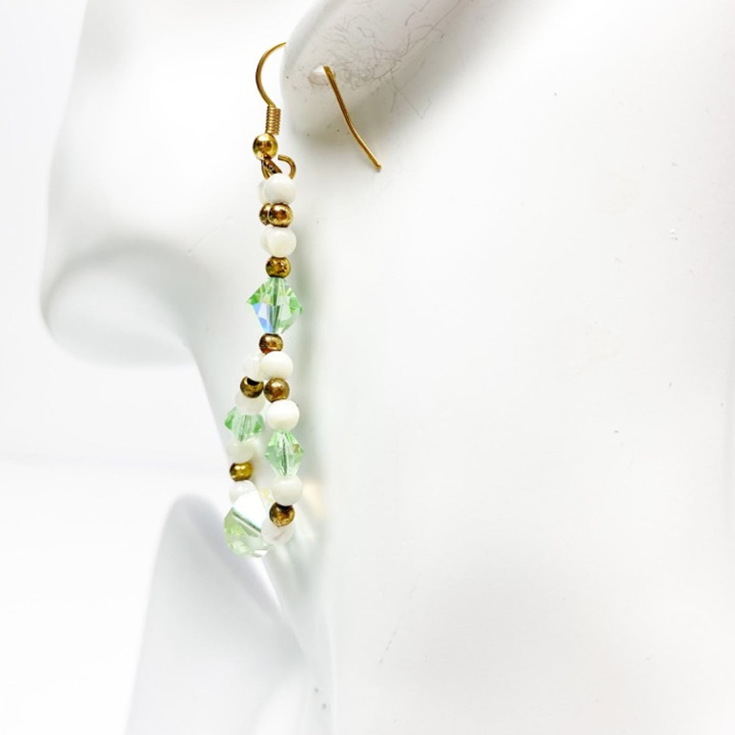 handmade green white crystal gold beaded loop EARRINGS jewelry NEW vintage beads