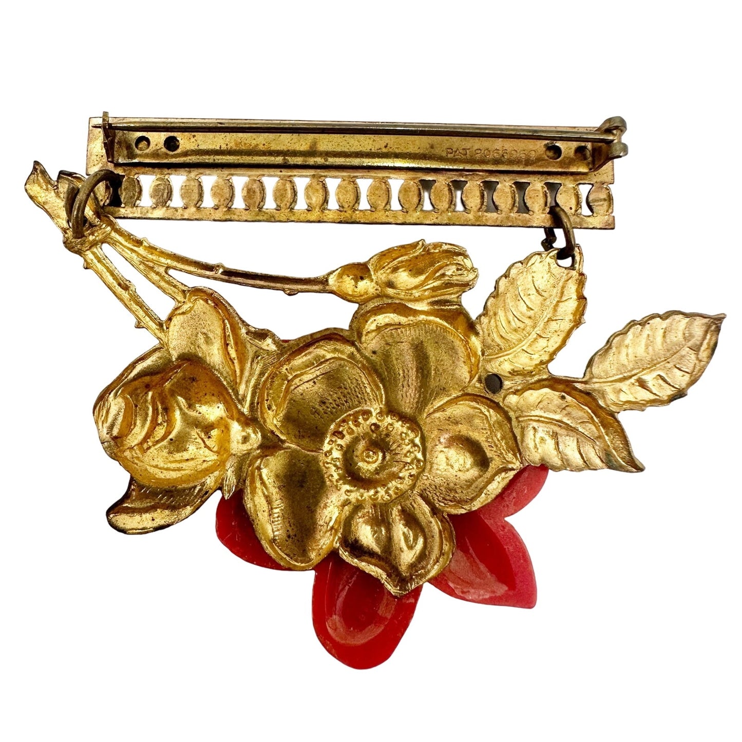 vintage hanging red flower & gold tone metal BROOCH floral jewelry pin