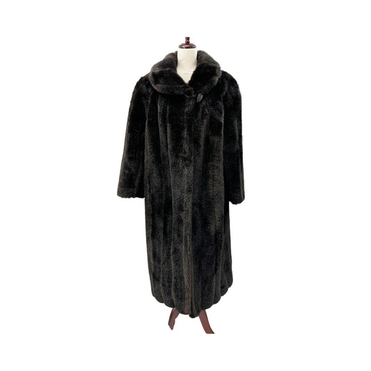 dark brown faux fur COAT full length L XL fully lined winter outerwear USA