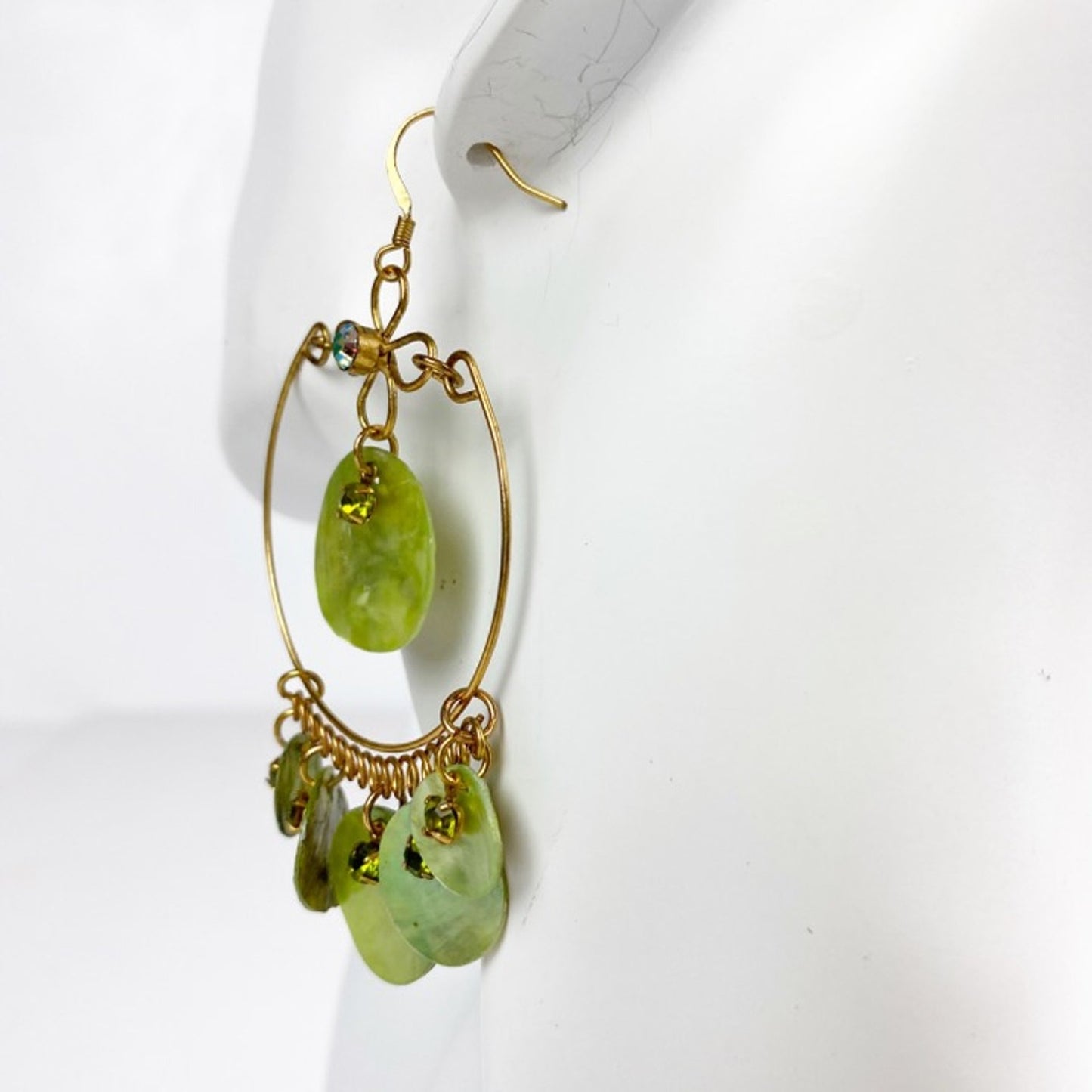 vintage BOHO gold green shimmer shells rhinestones hook dangle EARRINGS jewelry