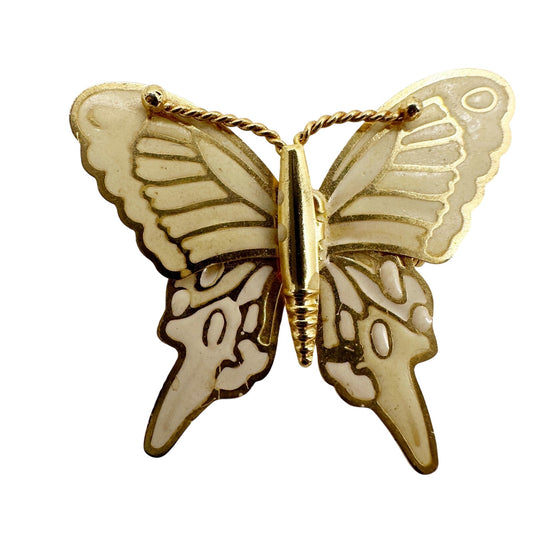 vintage gold & cream enamel butterfly BROOCH jewelry pin