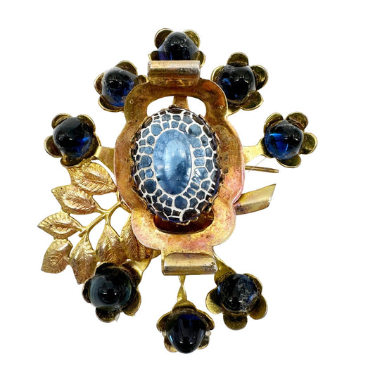 vintage gold & blue flowers leaves BROOCH floral jewelry pin *broken clasp*