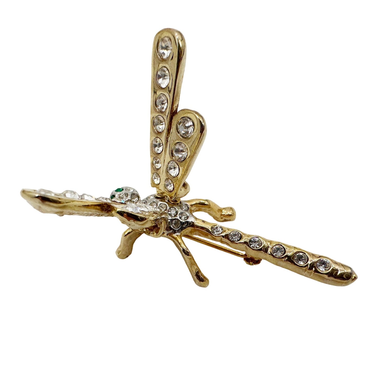 vintage gold & rhinestones dragonfly BROOCH jewelry pin wings move on springs