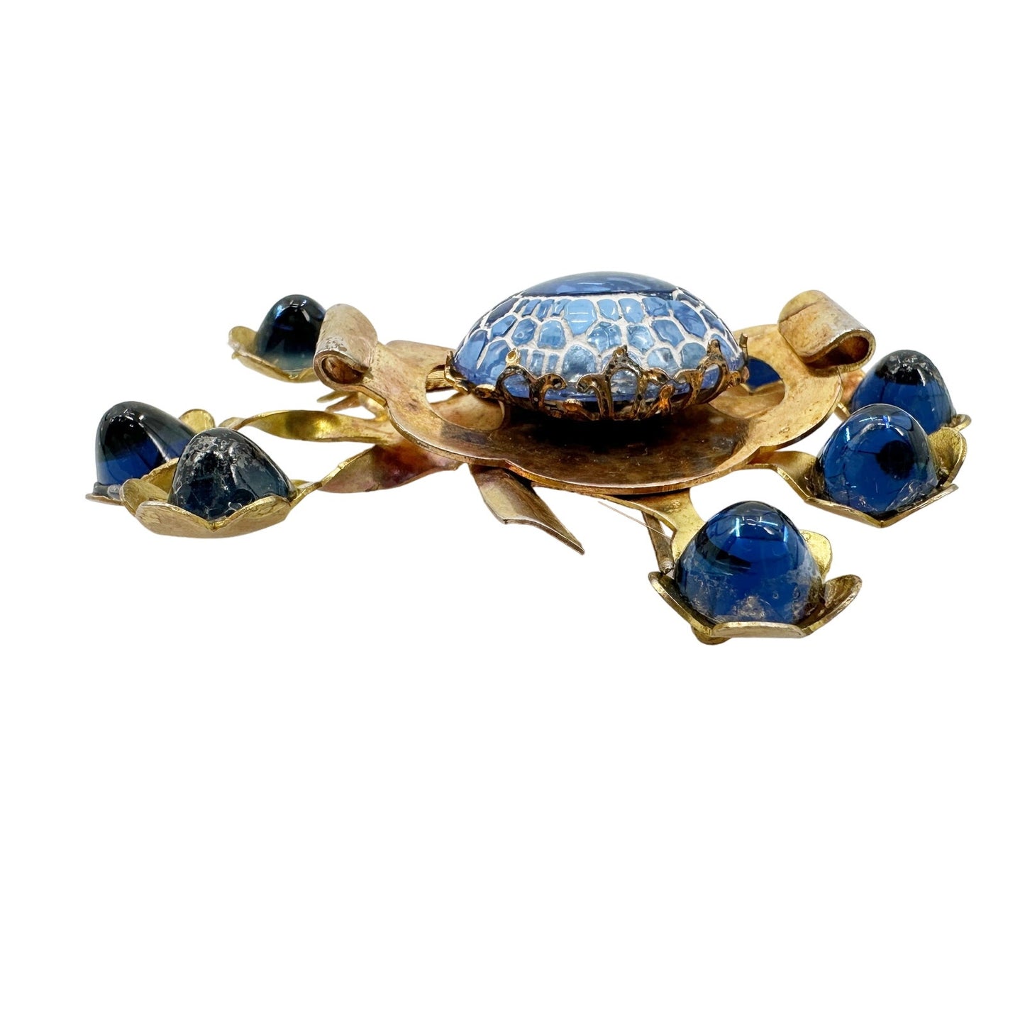 vintage gold & blue flowers leaves BROOCH floral jewelry pin *broken clasp*